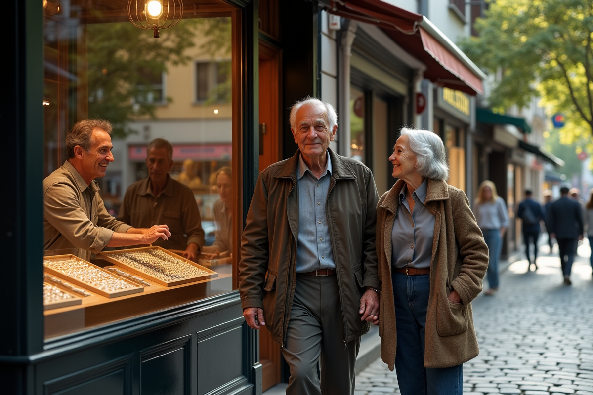 Vieux couple regardant une vitrine de bijouterie