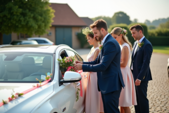 Groupe d'invites decorant une voiture de mariage champetre
