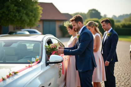 Groupe d'invites decorant une voiture de mariage champetre